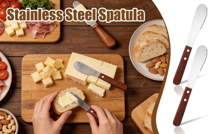 2 Pcs Butter Knife Spreader, Wide Stainless Steel Butter Knife Ergonomic Kitchen Sandwich & Cheese Spreaders for Cream Cheese & Jams, Wood Handle (Brown, 7.99 In)