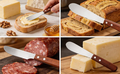 2 Pcs Butter Knife Spreader, Wide Stainless Steel Butter Knife Ergonomic Kitchen Sandwich & Cheese Spreaders for Cream Cheese & Jams, Wood Handle (Brown, 7.99 In)