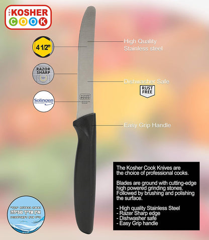 Black Kitchen Knife – 4.5” Steak and Vegetable Knife - Razor Sharp Curved Tip, Straight Edge - Color Coded Kitchen Tools