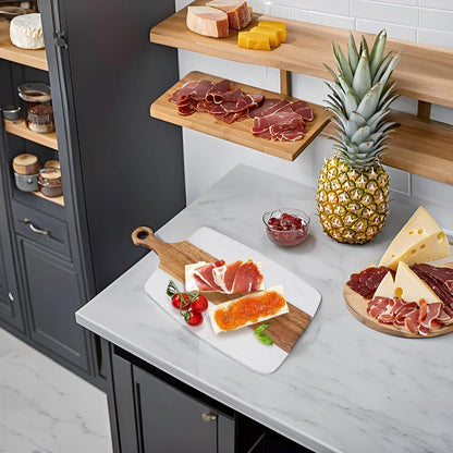 Marble and Acacia Wood Cheese Cutting Board with 4Pcs Cheese Knife Set,Luxury Charcuterie Serving Board w Utensils| Handmade Easy Grip Handle Appetizer Platter Display Tray (13.78 IN*7.08 IN*0.8 IN)