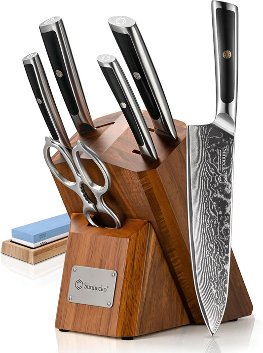 7 Pcs Damascus Knife Set, VG10 Japanese Steel Chef Knives | 67-Layer Damascus Kitchen Knives Set With Block, Ultra-Sharp 10-12° Edge, Full Tang Handle & Anti-rust Blade, Men Luxury Gift