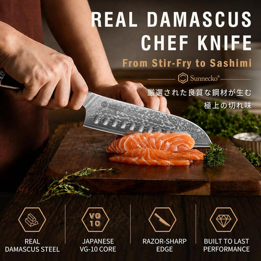 7 Pcs Damascus Knife Set, VG10 Japanese Steel Chef Knives | 67-Layer Damascus Kitchen Knives Set With Block, Ultra-Sharp 10-12° Edge, Full Tang Handle & Anti-rust Blade, Men Luxury Gift