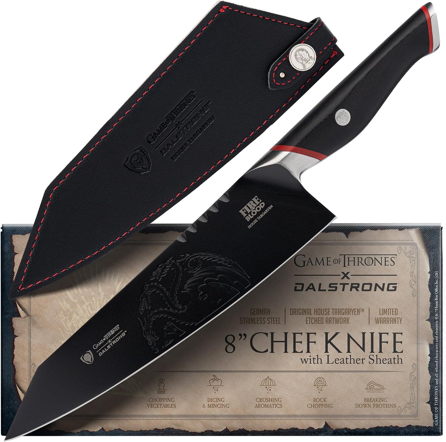 Game of Thrones House Targaryen 8" Chef Knife — German X50CRMOV15 Steel, TiN-Coated, G-10 Handle — Officially Licensed — For GoT Fans, Collectors & Real Kitchen Use