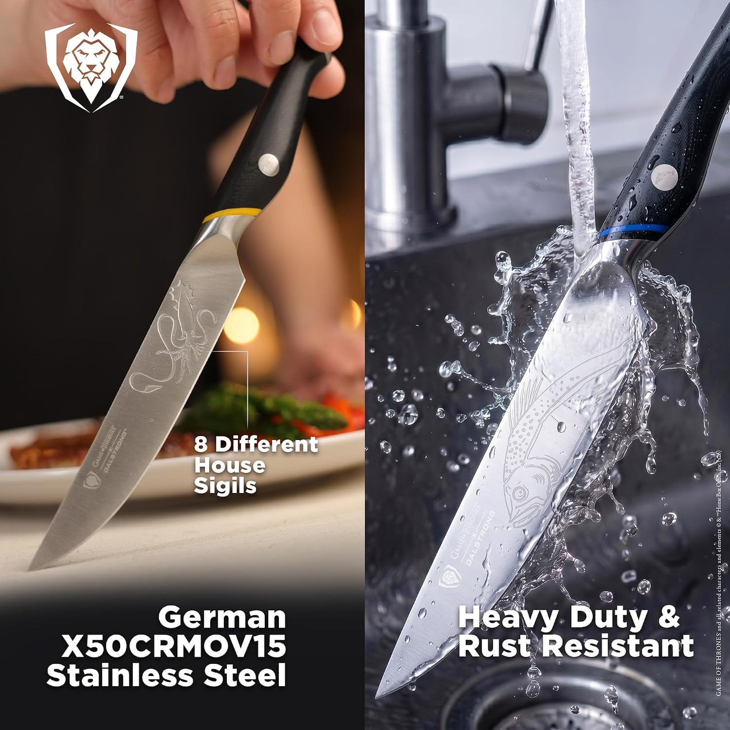 Game of Thrones House Targaryen 8" Chef Knife — German X50CRMOV15 Steel, TiN-Coated, G-10 Handle — Officially Licensed — For GoT Fans, Collectors & Real Kitchen Use
