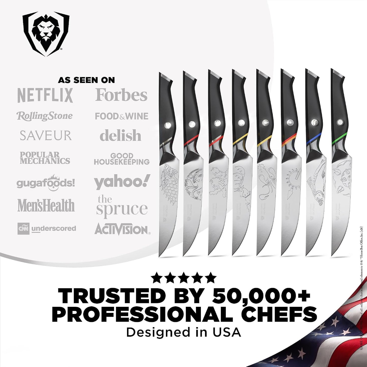 Game of Thrones House Targaryen 8" Chef Knife — German X50CRMOV15 Steel, TiN-Coated, G-10 Handle — Officially Licensed — For GoT Fans, Collectors & Real Kitchen Use