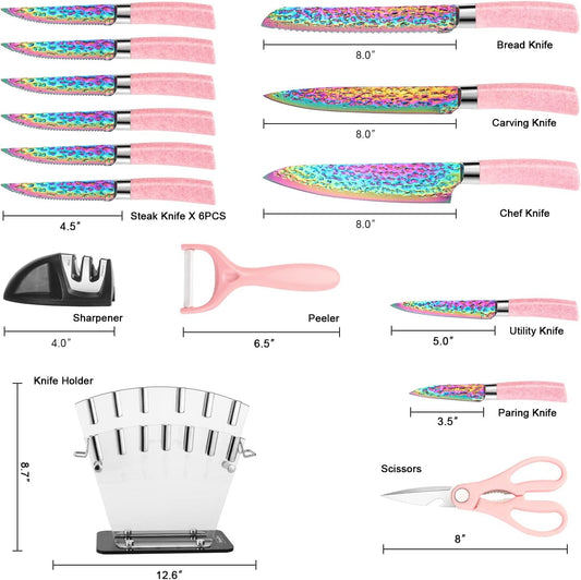 Rainbow Titanium Knife Set, Non Stick Thick and Sharp Stainless Steel 15 Pcs Cutlery Kitchen Knives Set with Acrylic Block, Chef Quality for Home & Pro Use, Best Gift, Pink Color