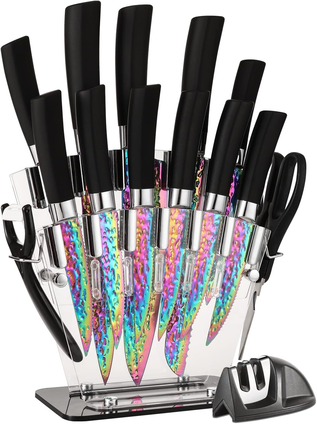 Rainbow Titanium Knife Set, Non Stick Thick and Sharp Stainless Steel 15 Pcs Cutlery Kitchen Knives Set with Acrylic Block, Chef Quality for Home & Pro Use, Best Gift, Pink Color