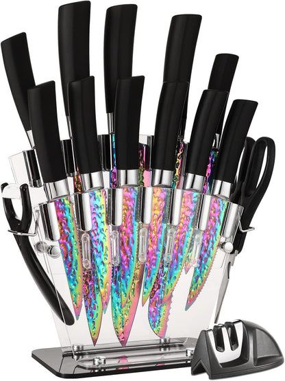 Rainbow Titanium Knife Set, Non Stick Thick and Sharp Stainless Steel 15 Pcs Cutlery Kitchen Knives Set with Acrylic Block, Chef Quality for Home & Pro Use, Best Gift, Pink Color