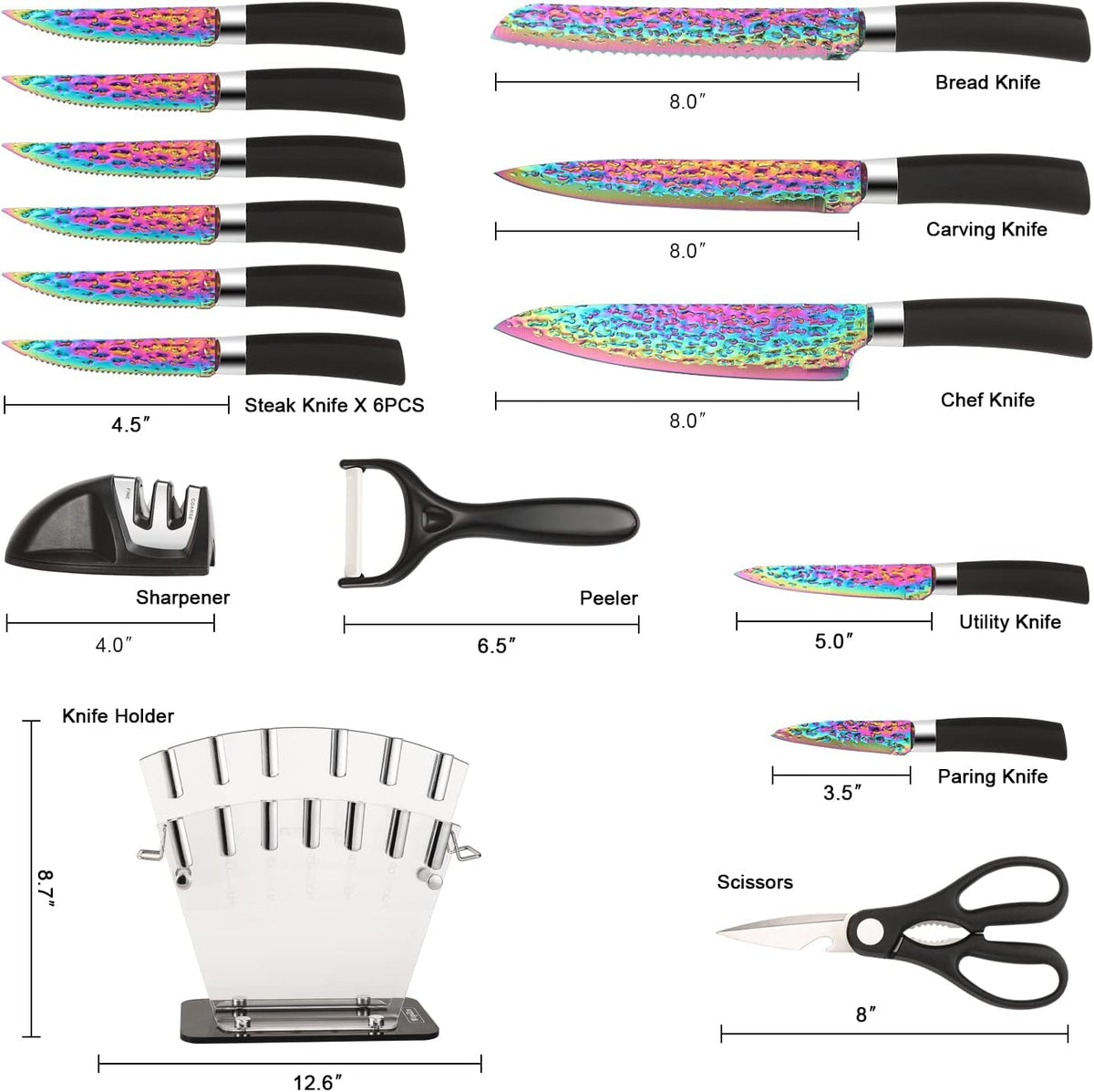 Rainbow Titanium Knife Set, Non Stick Thick and Sharp Stainless Steel 15 Pcs Cutlery Kitchen Knives Set with Acrylic Block, Chef Quality for Home & Pro Use, Best Gift, Pink Color