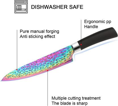 Rainbow Titanium Knife Set, Non Stick Thick and Sharp Stainless Steel 15 Pcs Cutlery Kitchen Knives Set with Acrylic Block, Chef Quality for Home & Pro Use, Best Gift, Pink Color
