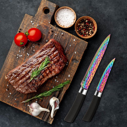 Rainbow Titanium Knife Set, Non Stick Thick and Sharp Stainless Steel 15 Pcs Cutlery Kitchen Knives Set with Acrylic Block, Chef Quality for Home & Pro Use, Best Gift, Pink Color
