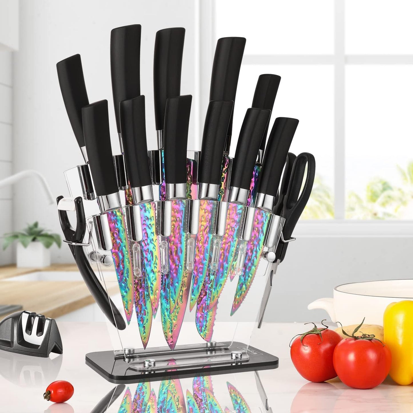 Rainbow Titanium Knife Set, Non Stick Thick and Sharp Stainless Steel 15 Pcs Cutlery Kitchen Knives Set with Acrylic Block, Chef Quality for Home & Pro Use, Best Gift, Pink Color