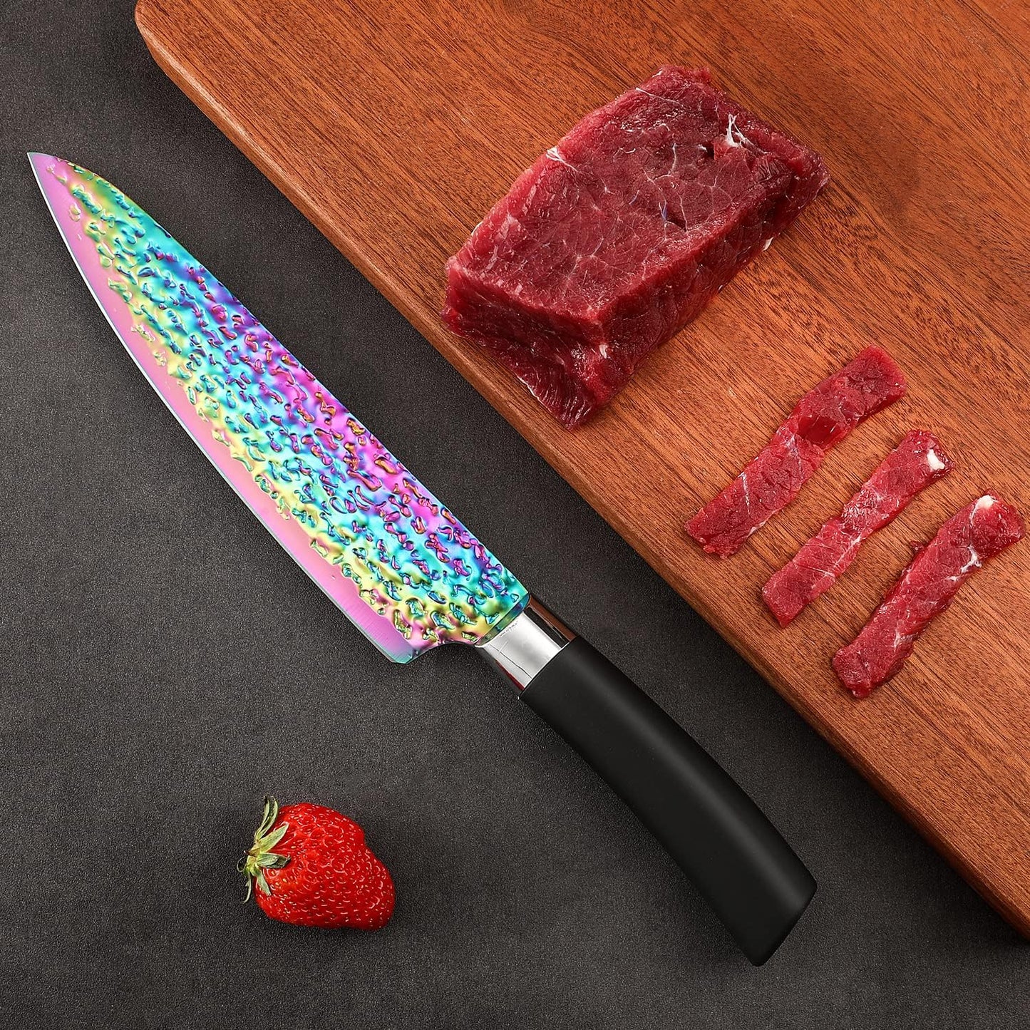 Rainbow Titanium Knife Set, Non Stick Thick and Sharp Stainless Steel 15 Pcs Cutlery Kitchen Knives Set with Acrylic Block, Chef Quality for Home & Pro Use, Best Gift, Pink Color