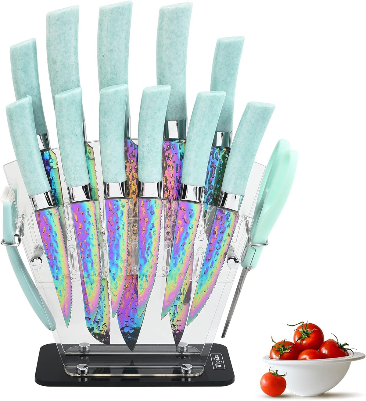 Rainbow Titanium Knife Set, Non Stick Thick and Sharp Stainless Steel 15 Pcs Cutlery Kitchen Knives Set with Acrylic Block, Chef Quality for Home & Pro Use, Best Gift, Pink Color