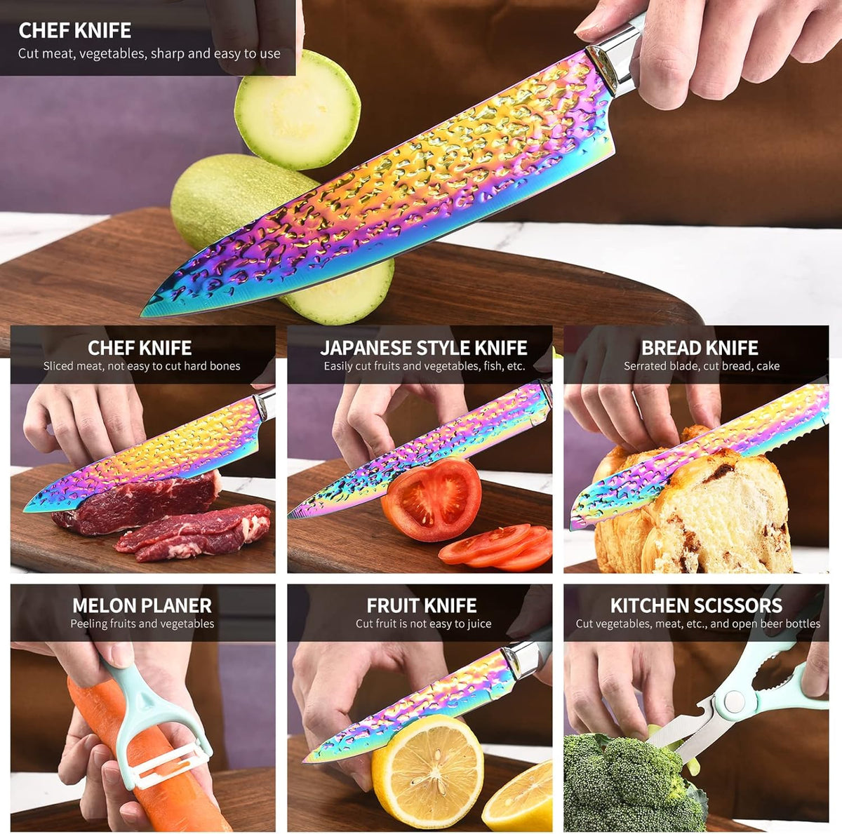 Rainbow Titanium Knife Set, Non Stick Thick and Sharp Stainless Steel 15 Pcs Cutlery Kitchen Knives Set with Acrylic Block, Chef Quality for Home & Pro Use, Best Gift, Pink Color