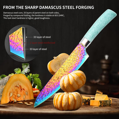 Rainbow Titanium Knife Set, Non Stick Thick and Sharp Stainless Steel 15 Pcs Cutlery Kitchen Knives Set with Acrylic Block, Chef Quality for Home & Pro Use, Best Gift, Pink Color