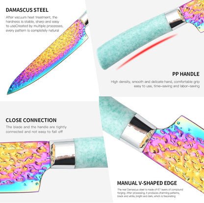 Rainbow Titanium Knife Set, Non Stick Thick and Sharp Stainless Steel 15 Pcs Cutlery Kitchen Knives Set with Acrylic Block, Chef Quality for Home & Pro Use, Best Gift, Pink Color