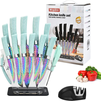 Rainbow Titanium Knife Set, Non Stick Thick and Sharp Stainless Steel 15 Pcs Cutlery Kitchen Knives Set with Acrylic Block, Chef Quality for Home & Pro Use, Best Gift, Pink Color
