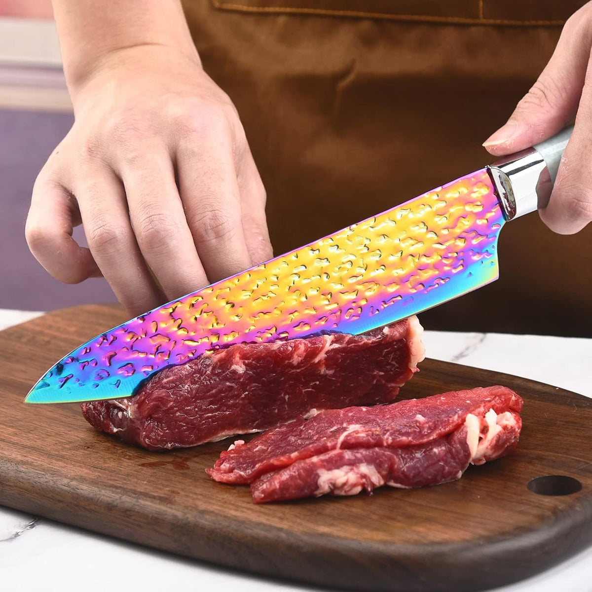 Rainbow Titanium Knife Set, Non Stick Thick and Sharp Stainless Steel 15 Pcs Cutlery Kitchen Knives Set with Acrylic Block, Chef Quality for Home & Pro Use, Best Gift, Pink Color
