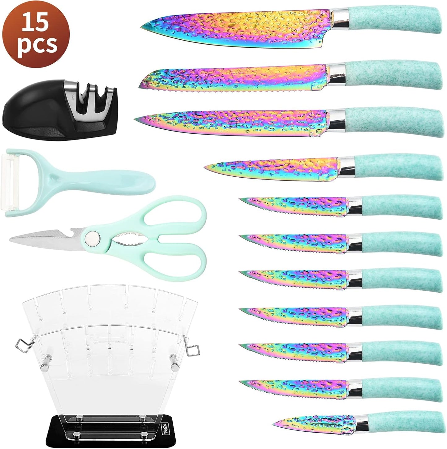 Rainbow Titanium Knife Set, Non Stick Thick and Sharp Stainless Steel 15 Pcs Cutlery Kitchen Knives Set with Acrylic Block, Chef Quality for Home & Pro Use, Best Gift, Pink Color