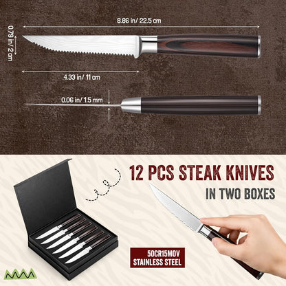 12 Pcs Steak Knife Set 4.3 Inch Serrated Steak Knife with Pakkawood Handle Kitchen Stainless Steel Dinner Knives with Gift Box Home Party Supplies