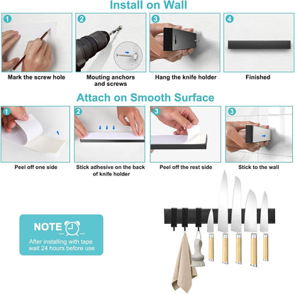 Magnetic Knife Holder for Wall, No Drilling Magnetic Knife Strip Adhesive Knife Holder Magnet Knife Bar, Wall Mount Knife Rack Block Metal Tool Holder for Utensils RV Kitchen Organization, 10 Inch