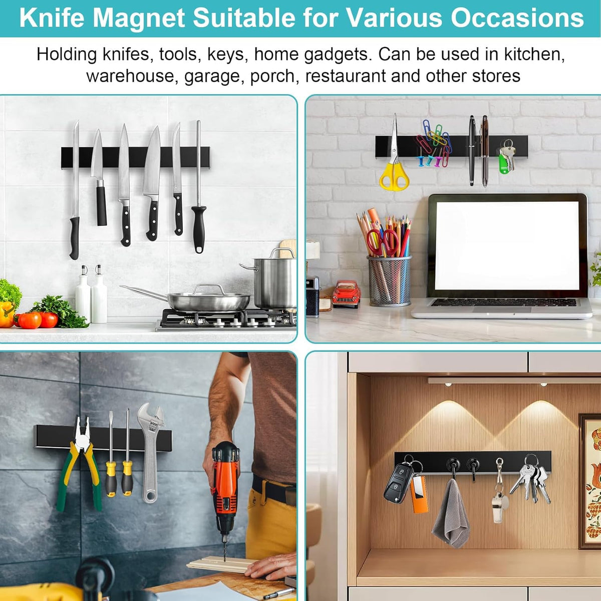 Magnetic Knife Holder for Wall, No Drilling Magnetic Knife Strip Adhesive Knife Holder Magnet Knife Bar, Wall Mount Knife Rack Block Metal Tool Holder for Utensils RV Kitchen Organization, 10 Inch