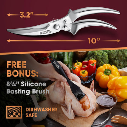 Heavy Duty Poultry Shears - Professional Stainless Steel Kitchen Scissors for Bone, Chicken, Meat, Fish & Vegetables - Spring Loaded (Stainless Steel handles)