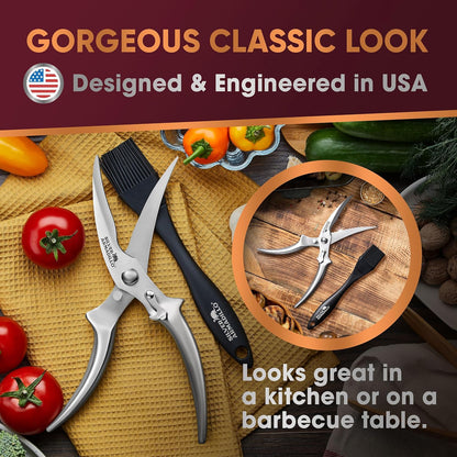 Heavy Duty Poultry Shears - Professional Stainless Steel Kitchen Scissors for Bone, Chicken, Meat, Fish & Vegetables - Spring Loaded (Stainless Steel handles)