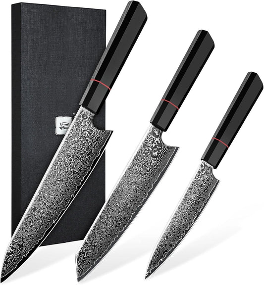 Damascus Knife Set 3PCS - VG10 Japanese Kitchen Knife - Ultra Sharp Chef Knives Set With Octagonal Handle，Professional Cooking Knives for Meat Vegetable Fruit, Christmas Gift for Mom Dad