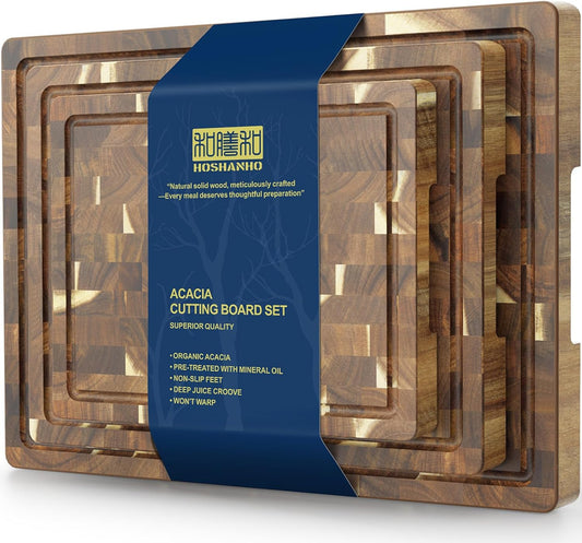 3 Packs Cutting Board Set, Extra Large Acacia Wood Cutting Boards | Durable Chopping Board for Kitchen Meal Prep, Charcuterie Board with Built-in Ergonomic Handles and Deep Juice Grooves