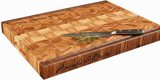 Personalized Walnut and Cherry End Grain Cutting Board, Double -Sided Custom Engraved Wood Chopping Block, Handmade Butcher Block for Kitchen, (13x8x2 Inches)