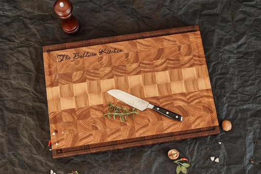 Personalized Walnut and Cherry End Grain Cutting Board, Double -Sided Custom Engraved Wood Chopping Block, Handmade Butcher Block for Kitchen, (13x8x2 Inches)