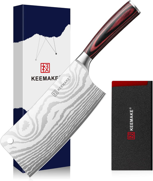 7 Inch Meat Cleaver Knife, High Carbon Steel Japanese Butcher Knife with 58+ HRC Hardness, Razor Sharp Vegetable Cooking Knives, Ergonomic Pakkawood Handle for Meat Cutting, BBQ Kitchen