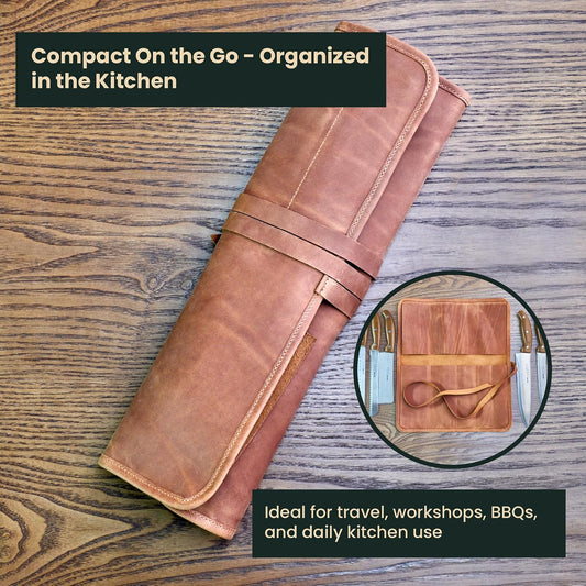 Professional's Leather Knife Roll Bag, Leather Knife Roll For Chef, Caramel Brown