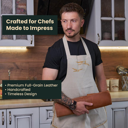 Professional's Leather Knife Roll Bag, Leather Knife Roll For Chef, Caramel Brown