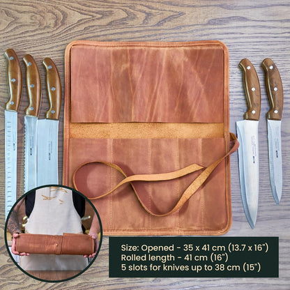 Professional's Leather Knife Roll Bag, Leather Knife Roll For Chef, Caramel Brown