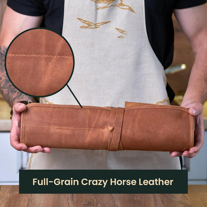Professional's Leather Knife Roll Bag, Leather Knife Roll For Chef, Caramel Brown