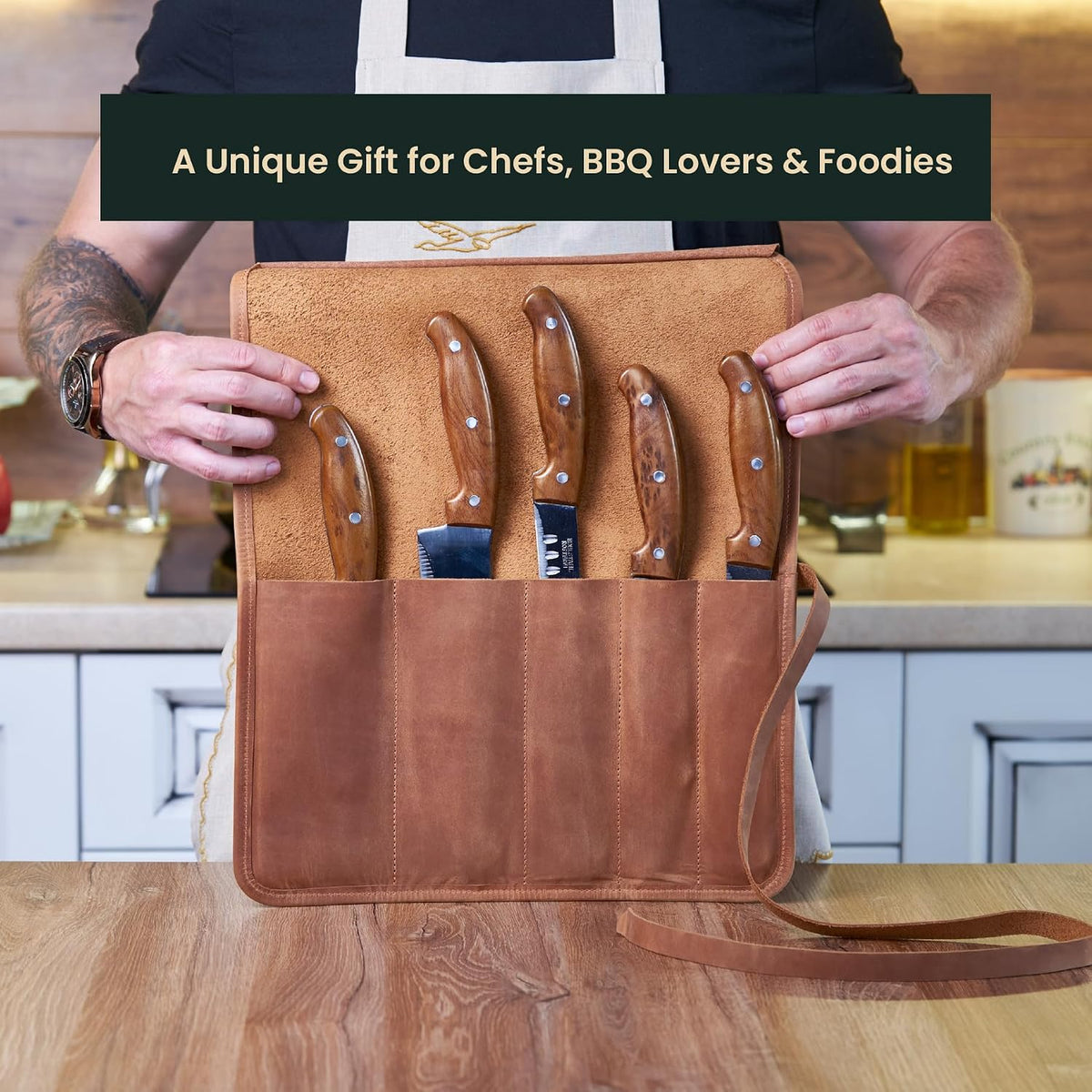 Professional's Leather Knife Roll Bag, Leather Knife Roll For Chef, Caramel Brown