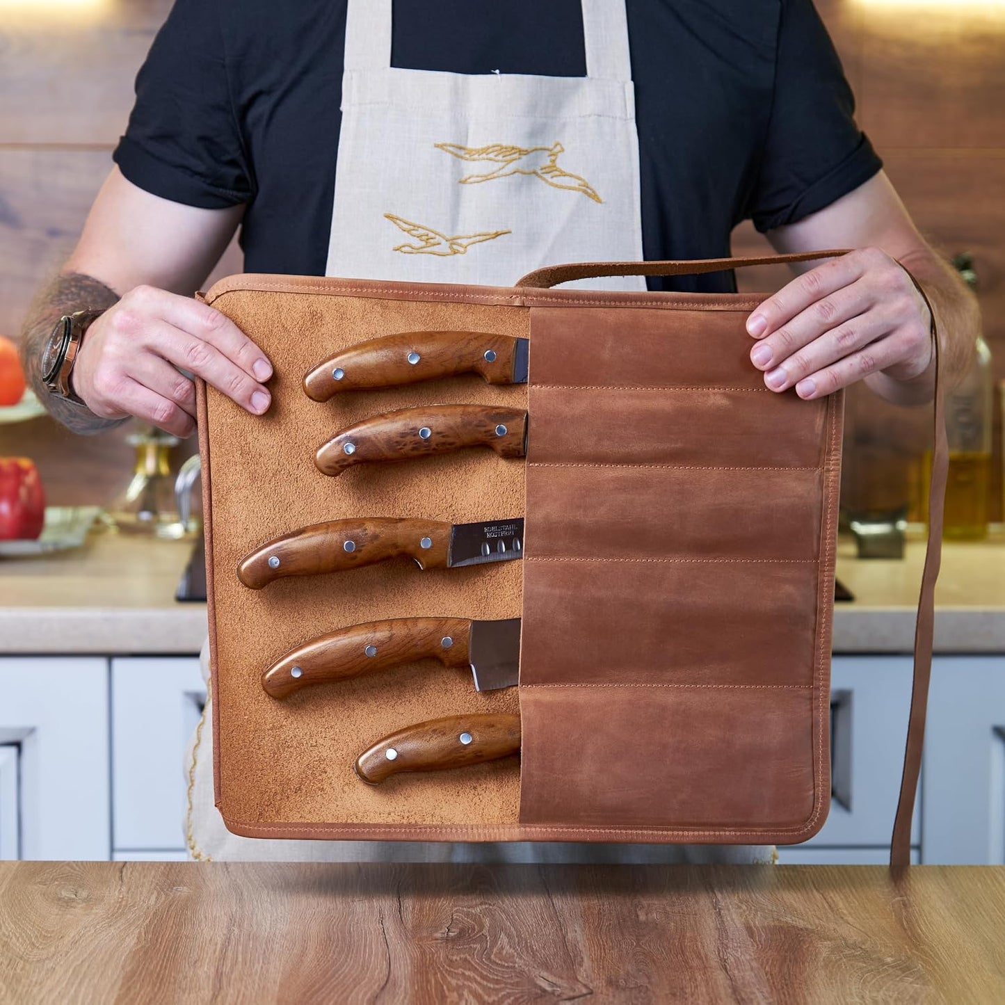 Professional's Leather Knife Roll Bag, Leather Knife Roll For Chef, Caramel Brown