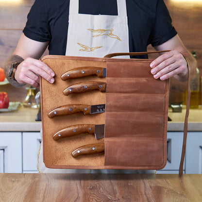 Professional's Leather Knife Roll Bag, Leather Knife Roll For Chef, Caramel Brown