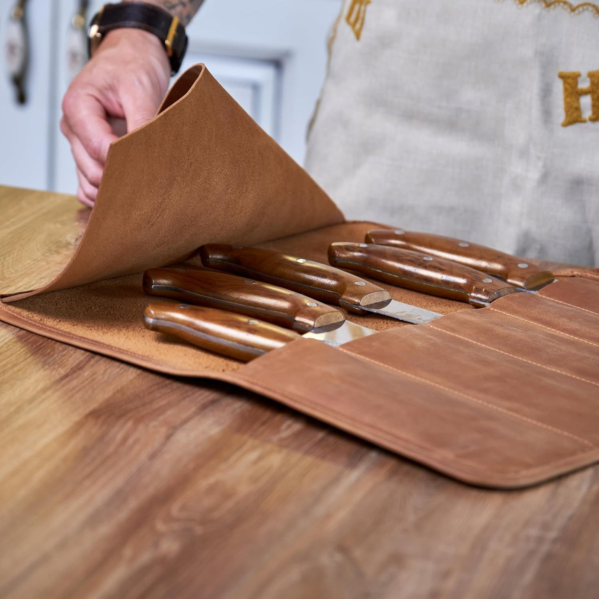 Professional's Leather Knife Roll Bag, Leather Knife Roll For Chef, Caramel Brown