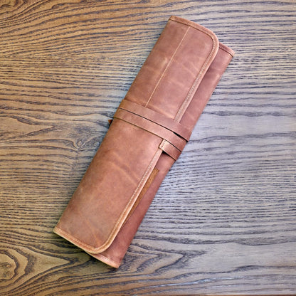 Professional's Leather Knife Roll Bag, Leather Knife Roll For Chef, Caramel Brown