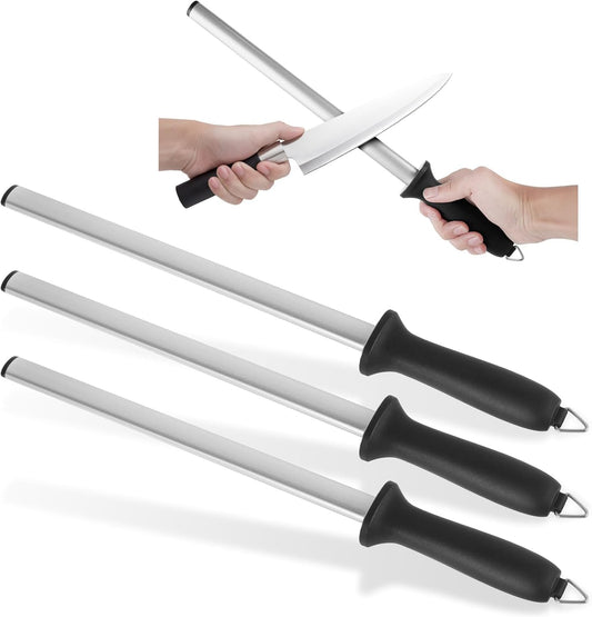 3 PCS Diamond Sharpening Steel, 12 Inch Premium Diamond Honing Steel, 1000 Grit Portable Knife Sharpener Rod for Sharpening Kitchen Knives or Home Gourmet Blade, Professional Chef Honing Rod