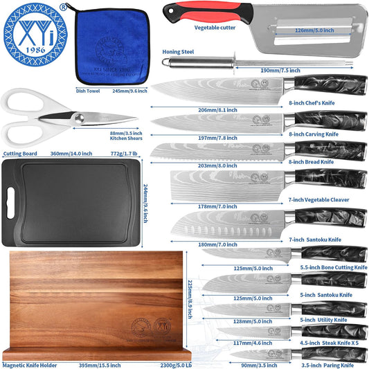 Authentic Since 1986,Knife Block Set,Professional Japanese Style Chef Knives Set with Block,Scissors,Sharpener Rod,Cutting Board,Gloves,Stainless Steel Steak Paring Bread Santoku Kitchen Knives