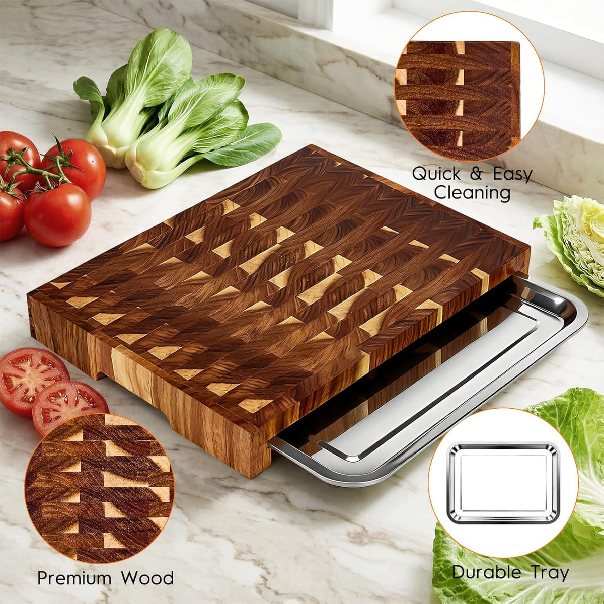 End Grain Cutting Board with Pull Out Tray,Sturdy Acacia wood cutting board for Kitchen,Wood Butcher Block for Vegetables,Cheese,Chopping,Slicing,and Dicing
