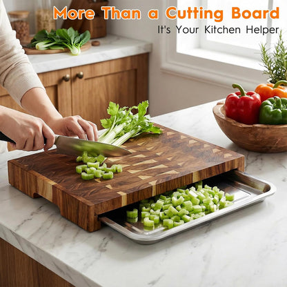 End Grain Cutting Board with Pull Out Tray,Sturdy Acacia wood cutting board for Kitchen,Wood Butcher Block for Vegetables,Cheese,Chopping,Slicing,and Dicing
