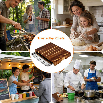 End Grain Cutting Board with Pull Out Tray,Sturdy Acacia wood cutting board for Kitchen,Wood Butcher Block for Vegetables,Cheese,Chopping,Slicing,and Dicing