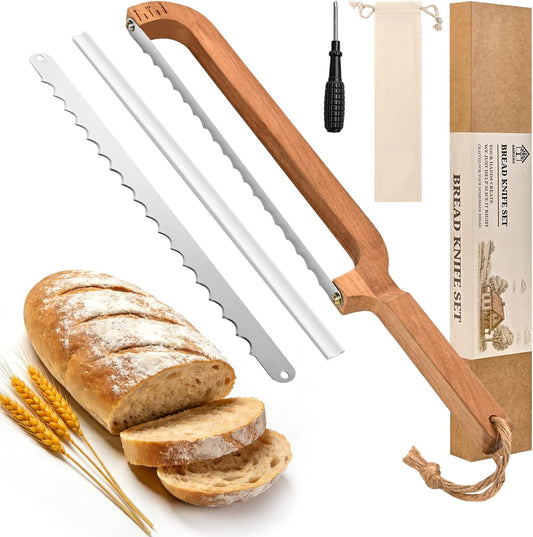 16" Wooden Bow Bread Knife with Measuring Scale – Fiddle Bow Slicer for Homemade Bread & Sourdough, Serrated Stainless Steel Bread Saw for Artisan Loaves, Bagels & Baguettes