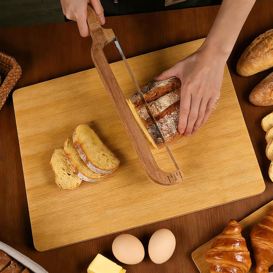 16" Wooden Bow Bread Knife with Measuring Scale – Fiddle Bow Slicer for Homemade Bread & Sourdough, Serrated Stainless Steel Bread Saw for Artisan Loaves, Bagels & Baguettes